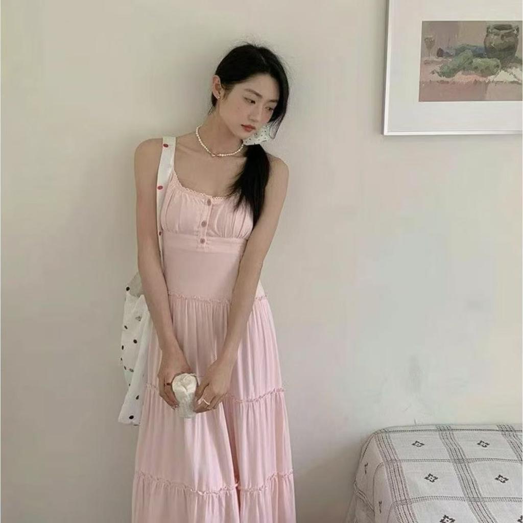 Dopamine niche design waist thin seaside vacation dress sweet super fairy pink sweet suspender dress