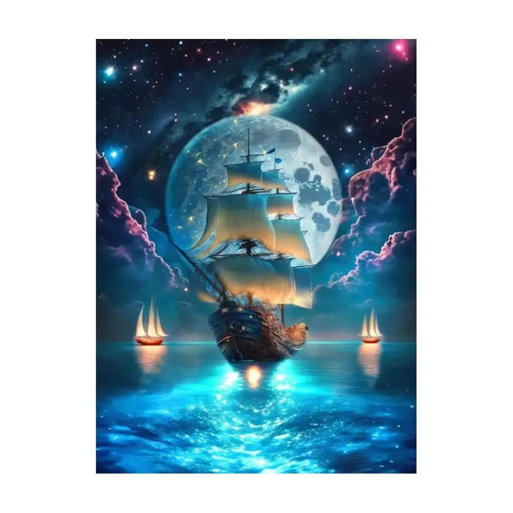 Adults Cross Stitch DIY Moon Sea Sailboat Prints Embroidery Craft Cross-Stitch Kit Art Needlework Decor Painting Gift Sewin S6A8