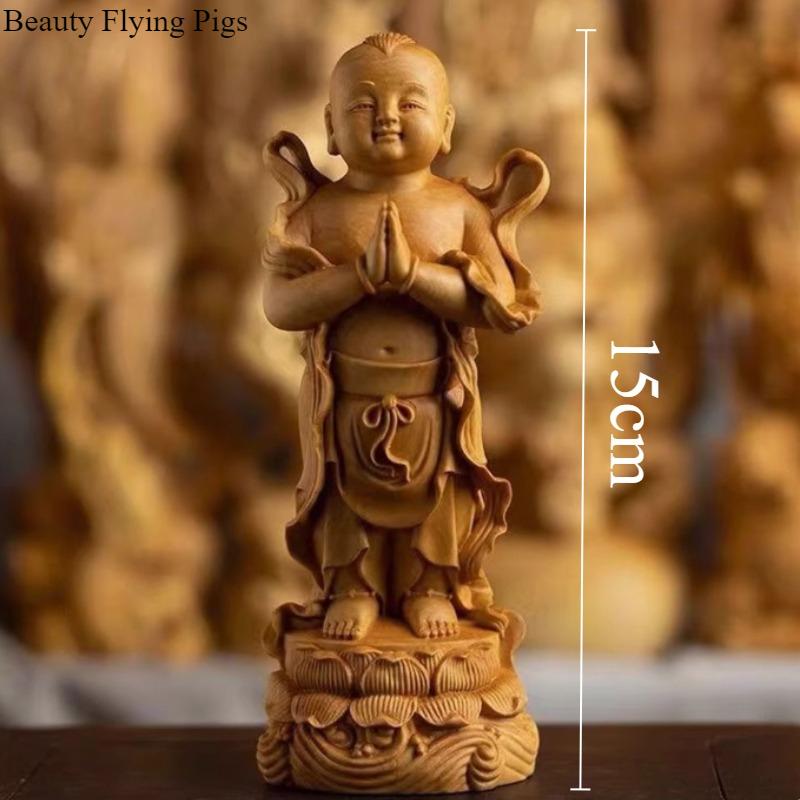 Golden Boy and Jade Girl Wooden Ornament Chinese Style Solid Wood Carved Ornaments Wooden Carving Crafts Home Decorations