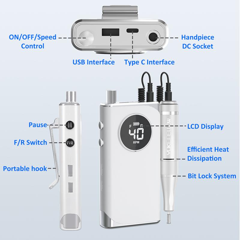 Taladro eléctrico para uñas de 40000RPM, máquina de manicura para cortar Gel de esmalte UV, herramientas eléctricas portátiles recargables para lima de uñas