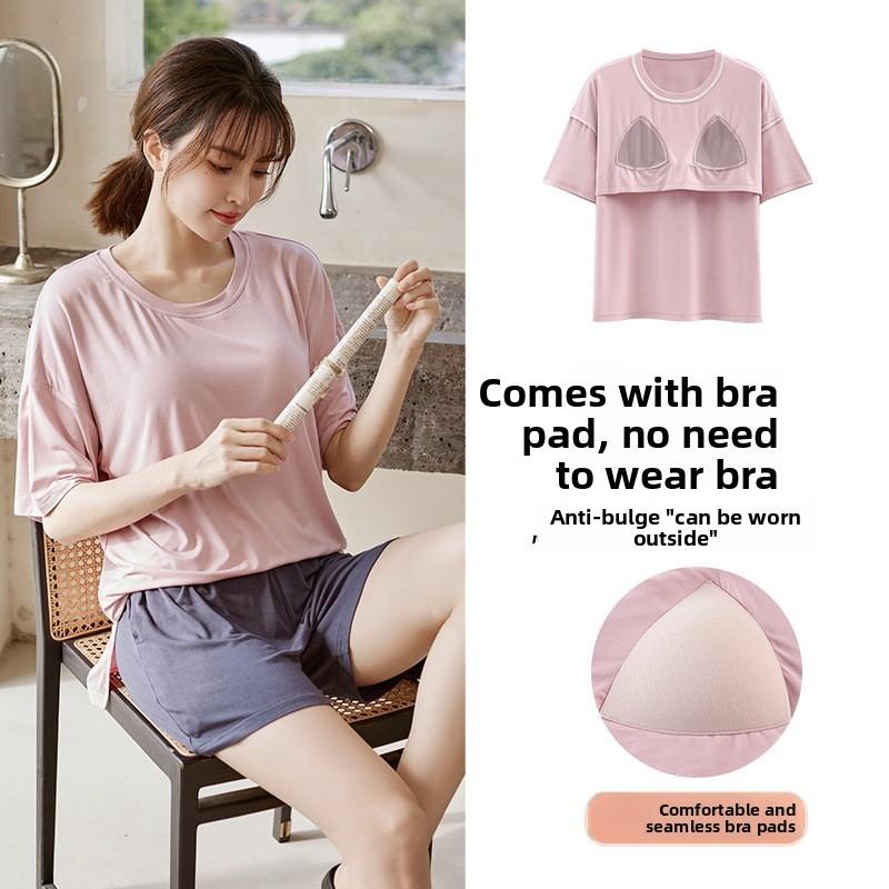 Womens Summer Sleep Suit With Round Neck Short Sleeve Top And Shorts For Relaxed Lounge Wear