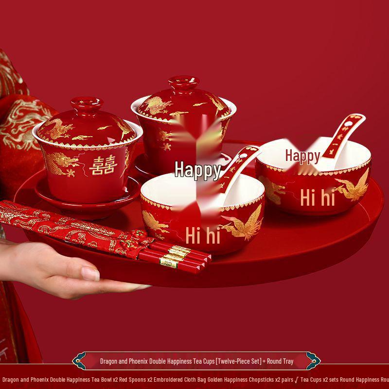 Ensemble de tasses à thé de mariage Double Bonheur: Service à thé rouge avec bol, baguettes et une paire de tasses - Parfait pour les cadeaux de mariage et la dot.