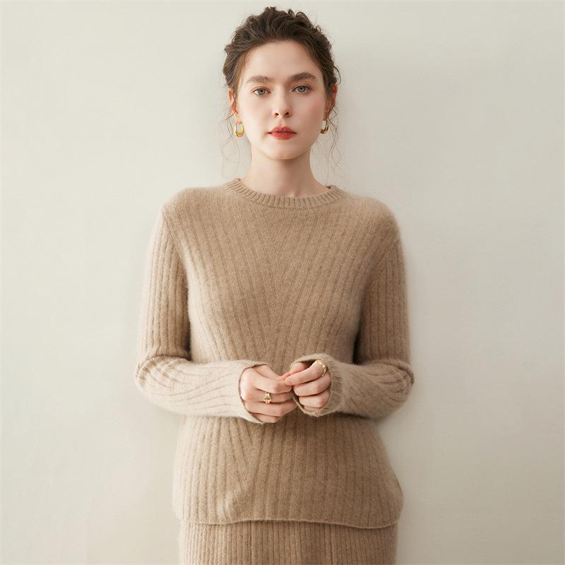 Women's Ribbed Cashmere Crew Neck Pullover Sweater with Long Sleeves