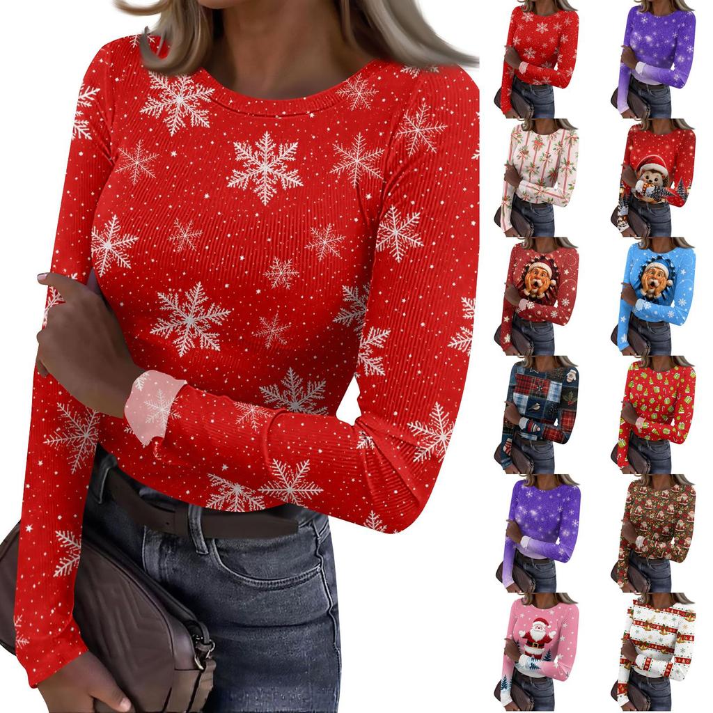 Women's Slim Fit Long Sleeve Base Layer T-Shirt with Christmas Print, Round Neck Pullover Top