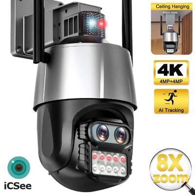 8MP WiFi IP-камера 4K Двойной объектив Камера безопасности Открытый 4K Автоматическое отслеживание Сирена Сигнализация Видеонаблюдение P2P ICsee CCTV PTZ Alexa