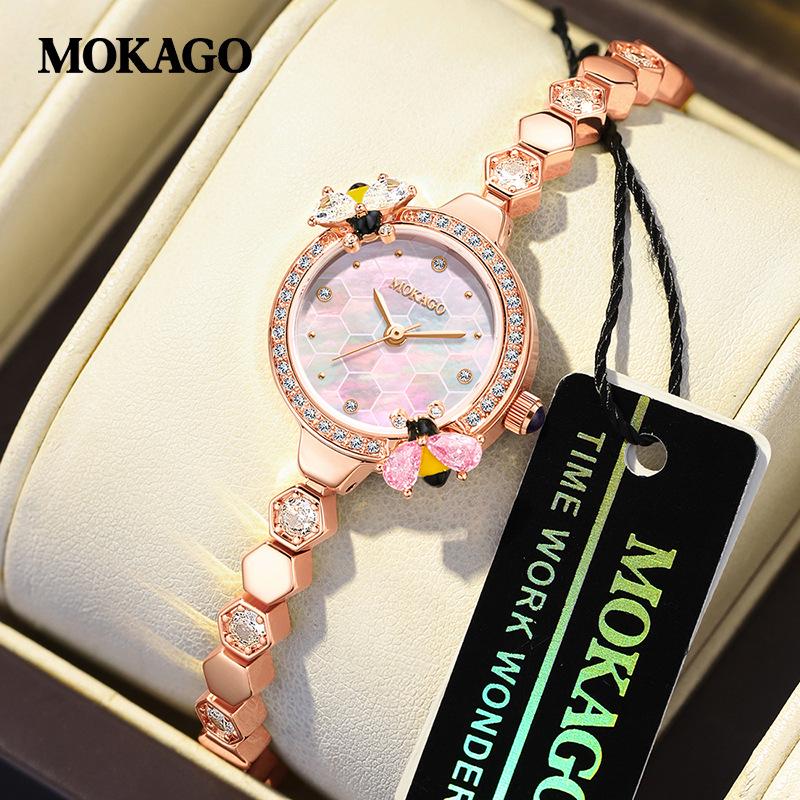 MOKAGO Women s Elegant Bee Design Mother-of-Pearl Quartz Wristwatch, Light Luxury, Waterproof, with Copper Band and Small Round Dial. розового золота