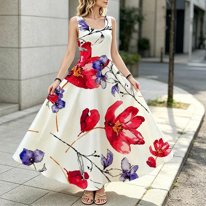 Women's Sleeveless Maxi Dress Watercolor Floral Print,Lightweight & Flowy,Elegant Chic,Perfect for Daily Casual,Friend Gatherings & Vacation Outfits