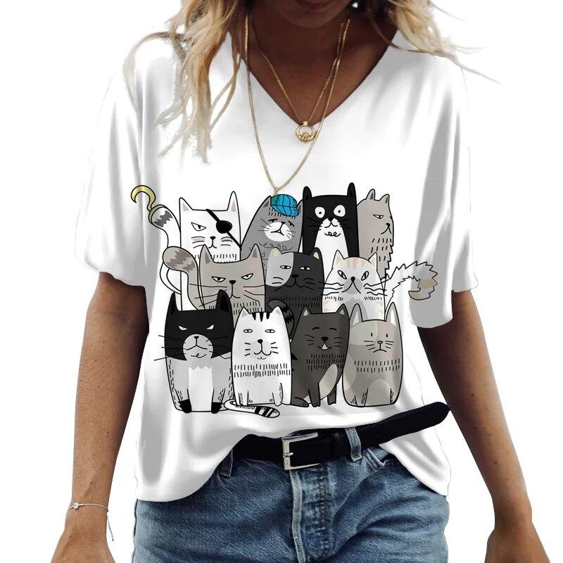 3d V Neck Women's T-shirts Cute Cats Graphics Print Short Sleeve Summer Kawaii Fashion Casual Tee Shirts Funny Female Clothes