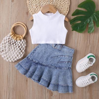 Conjunto de Moda Infantil para Meninas, Conjunto Casual de Verão com Top Sem Mangas Liso e Saia Plissada Jeans