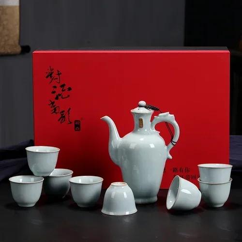 Chinese liquor glass set household spirit glass wine set ceramic jug Qingru kiln wine glass warm jug