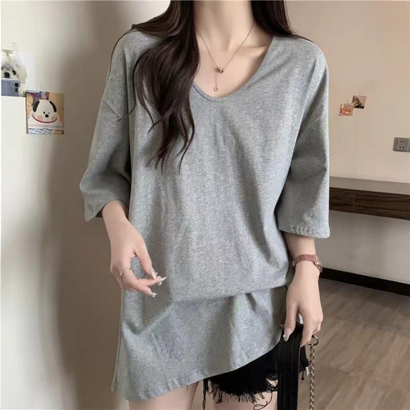 Cotton Short Sleeve Casual Loose T-shirt for Women Summer Fashion Solid Round Neck Plus Size T Shirt Woman Elegant Slim Simple Female Tee Tops 26294