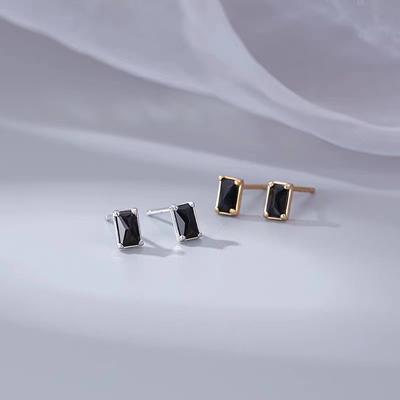 Diamond-Embedded Rectangular Stud Earrings 925 Sterling Silver Black Crystal Stone Japanese and Korean Square Fashion Simple