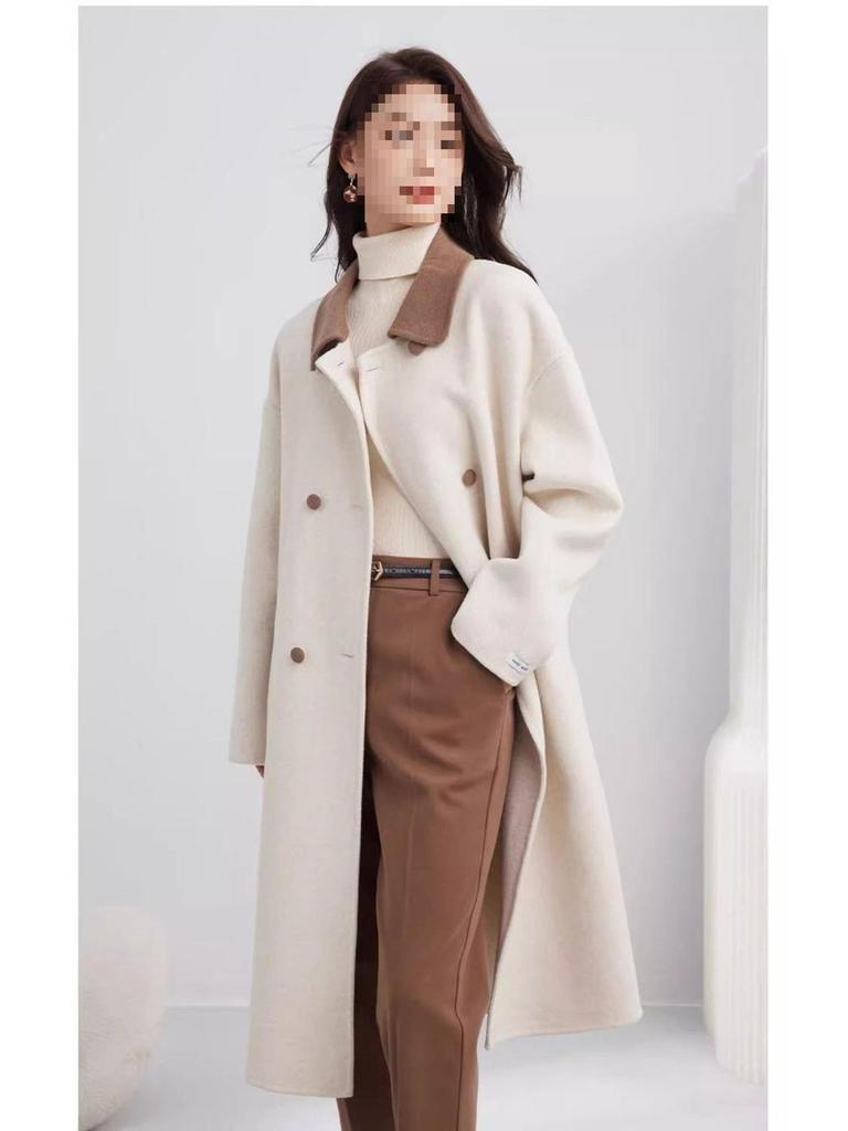 Women's Mid-Length Beige Wool Coat - Elegant French Casual Loose Fit, Petite Plus-Size, Thickened Winter Outerwear 2025.