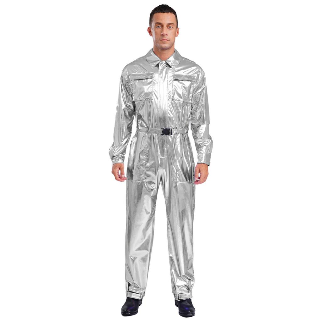 Glanzende Metallic Turn-down Kraag Lange Mouwen Hoge Taille Jumpsuit Heren Halloween Kostuum