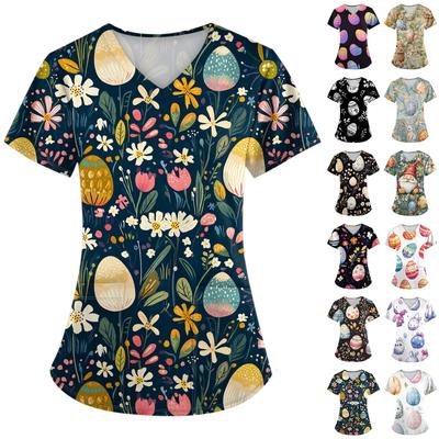 Tuta da donna alla moda con scollo a V, manica corta, con tasche, top stampati di Pasqua, abbigliamento