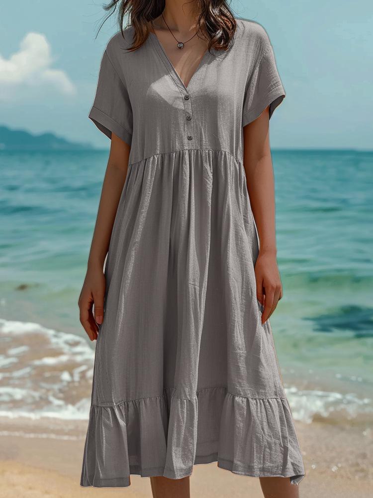 2026 Spring/Summer European & American Women's Solid Color Pleated Short Sleeve Dress