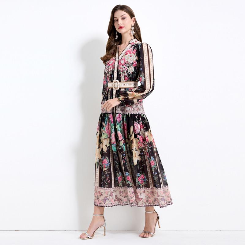 Summer Autumn Women V-neck Vintage Print Chiffon Runway Dress Single Breasted Long Maxi Oversize Vacation Beach Dresses with Belt
