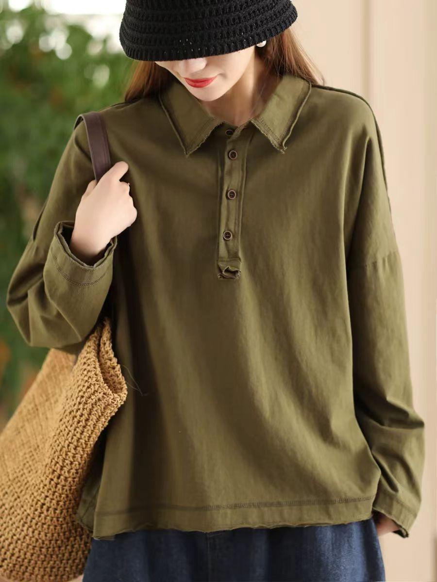 

Johnature Женская осенняя свободная однотонная футболка с длинными рукавами в стиле ретро, повседневная винтажная футболка в китайском стиле One Size зелёный