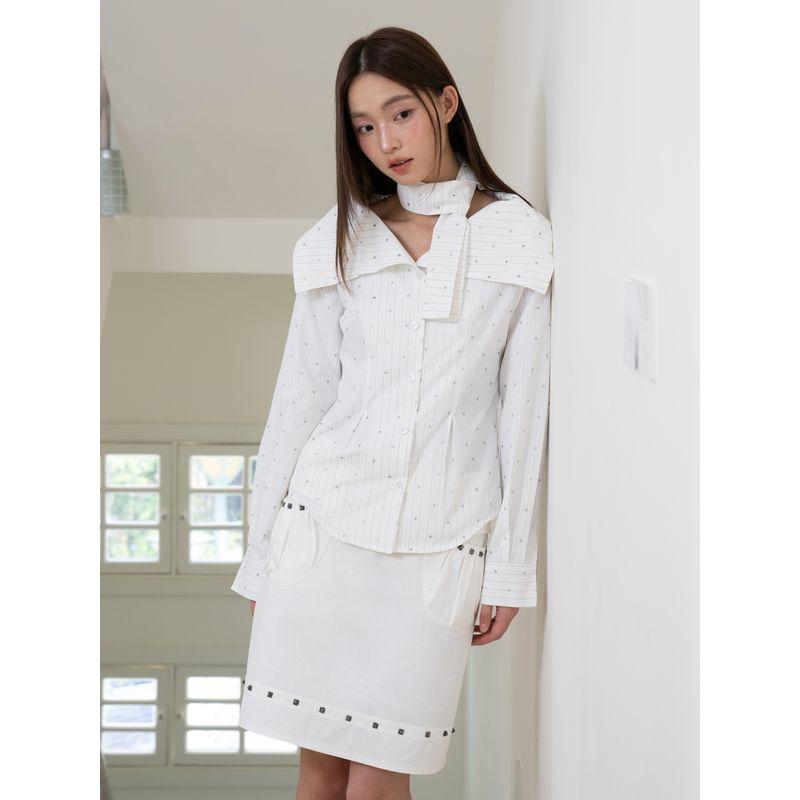 

Thelight25 Осенняя Новинка Белая Рубашка с Лацканами Женский Шарф Стильная Верхняя Одежда Светлые Полоски в Горошек White S