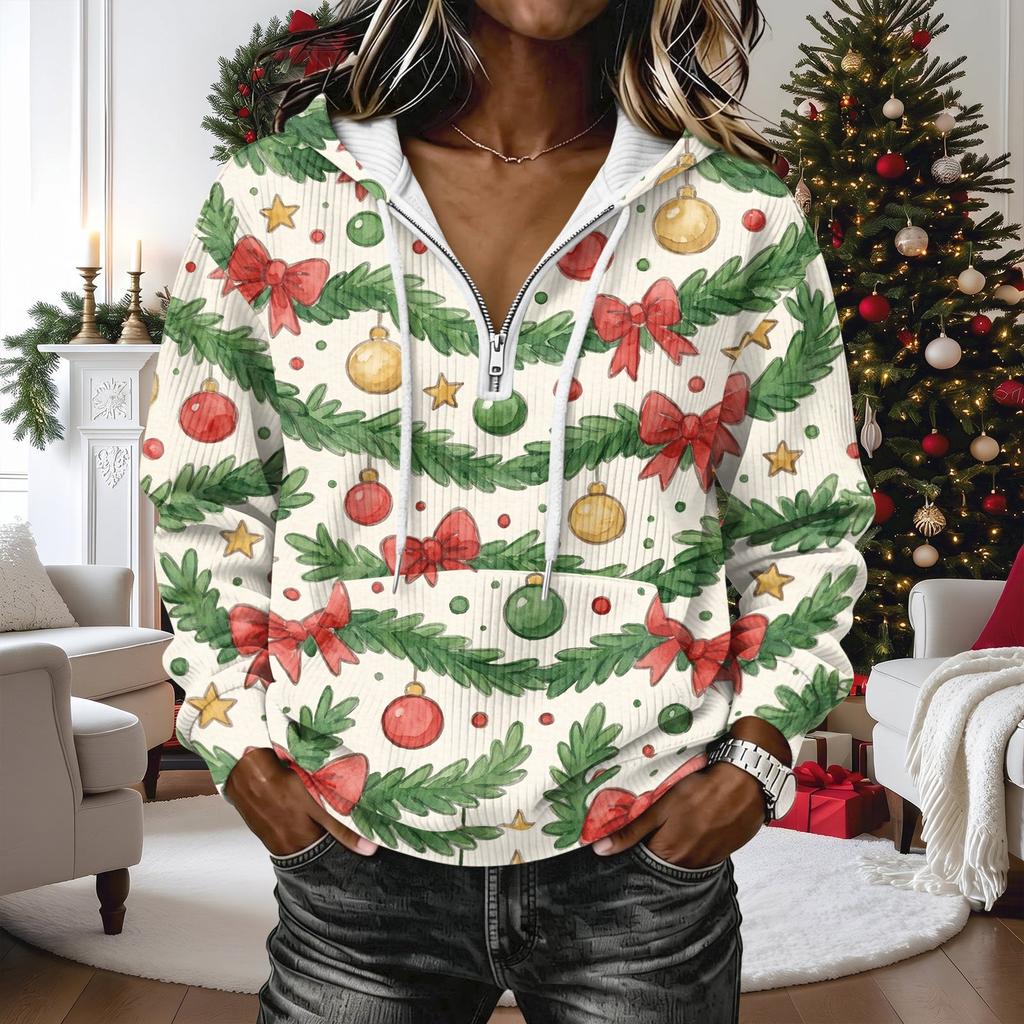 Women's Long Sleeve Christmas Print Hoodie Pullover Top with