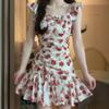 French vacation style red vacation white retro floral dress waist thin summer beautiful small fly sleeve skirt