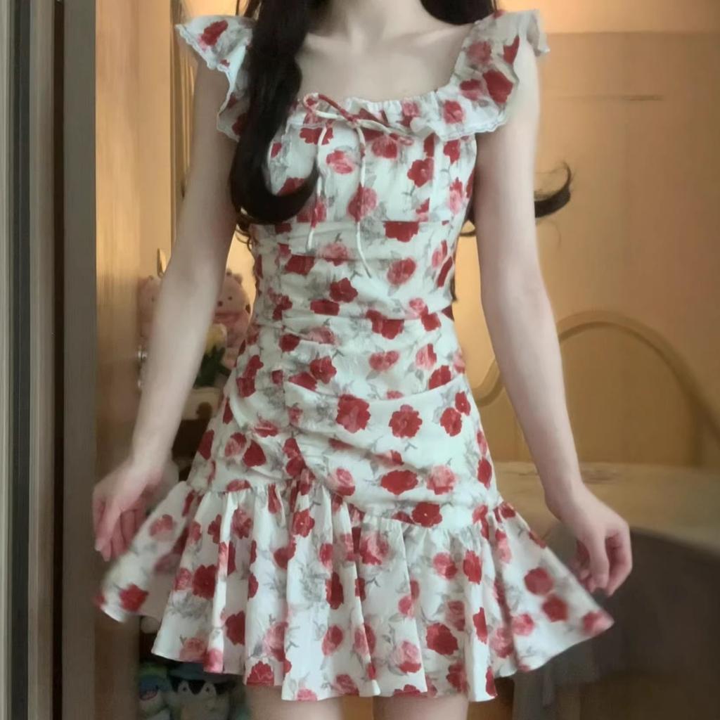 French vacation style red vacation white retro floral dress waist thin summer beautiful small fly sleeve skirt