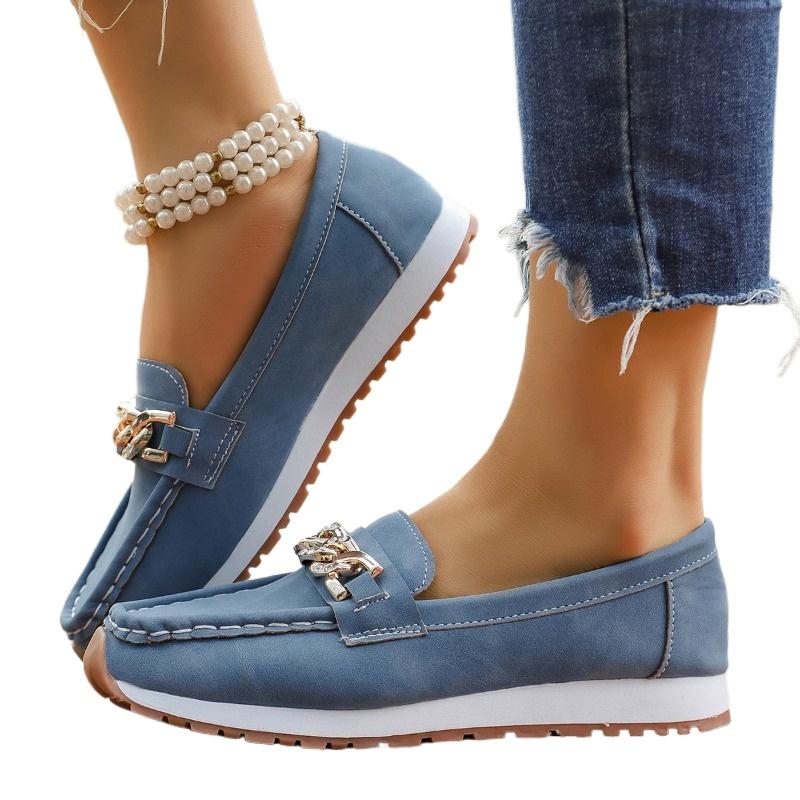 Modne damskie buty jesienne 2025 Okrągły nosek Damskie baleriny Casualowe mokasyny Damskie wsuwane sneakersy Modne płaskie buty z metalowym łańcuchem Damskie