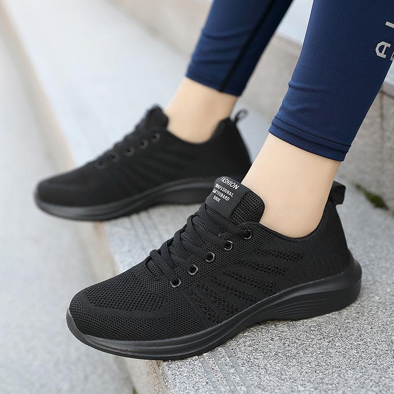 Women'S Shoes Spring New Casual Sneakers Comfortable Mesh Breathable Flying Knitted Sneakers Fashion Student Shoes Pure Black