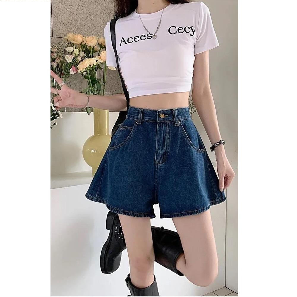 Shorts in Denim Retrò Donna Estate Sezione Sottile Vita Alta Larghi All-match A-line Gamba Larga Pantaloni