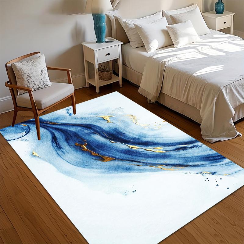 

Blue & Gold Marble Bedroom Area Rug Non-Slip Washable Bedroom Carpet Decorative Rugs with Fluid Ink Design for Luxe Home Decor 40x60CM