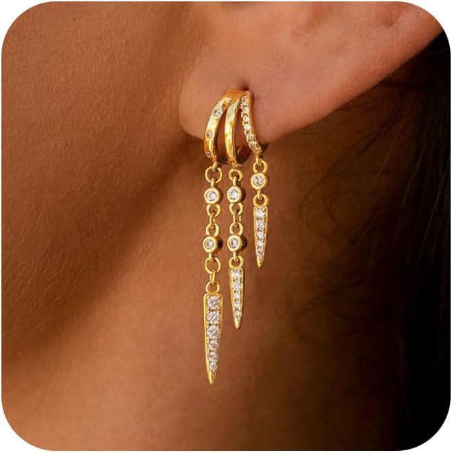 

European and American Gold-Plated Tassel Earrings with Zircon Inlay