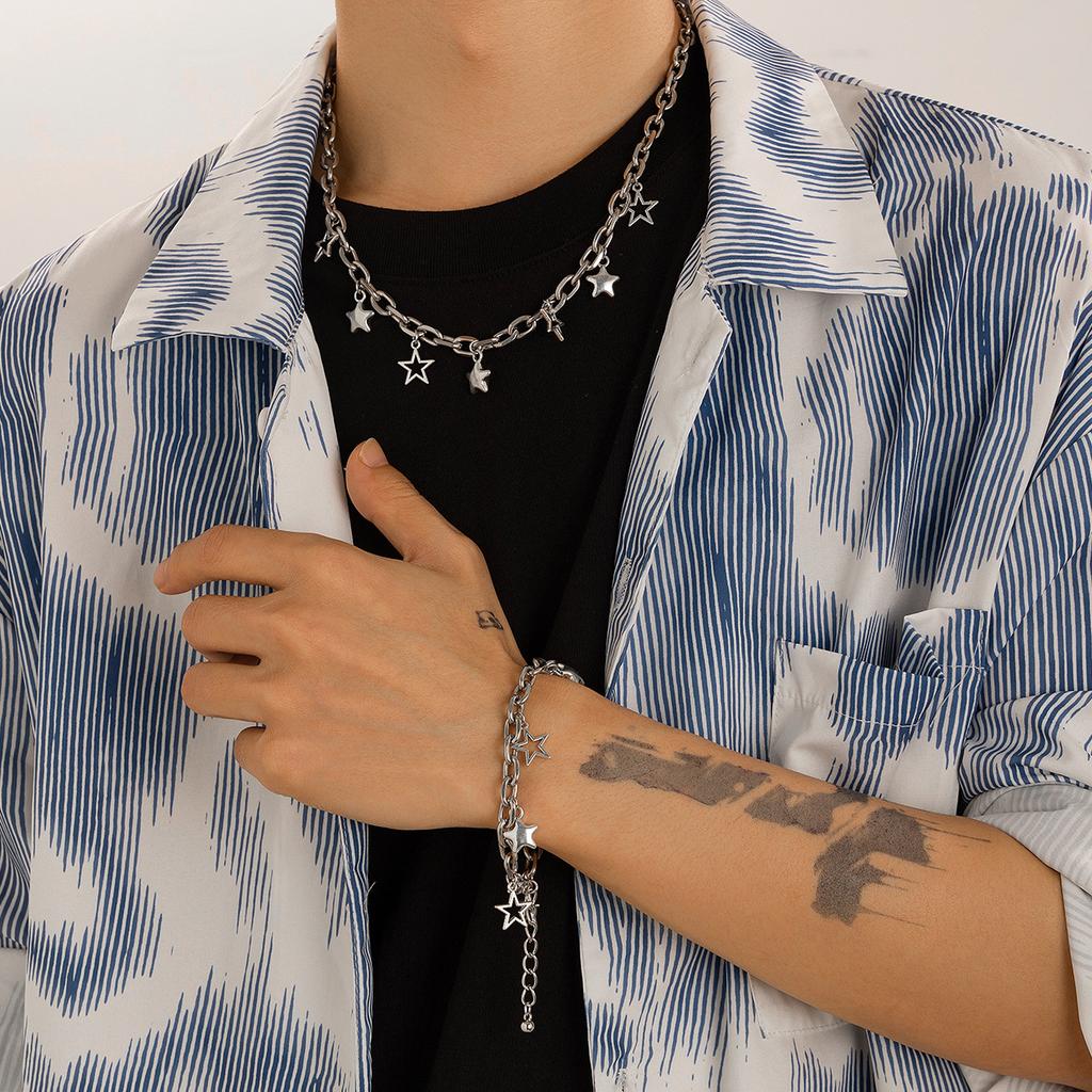Fashionable Personality Five-Pointed Star Necklace Bracelet for Men Trendy Hip-Hop Niche High-End Men's Jewelry