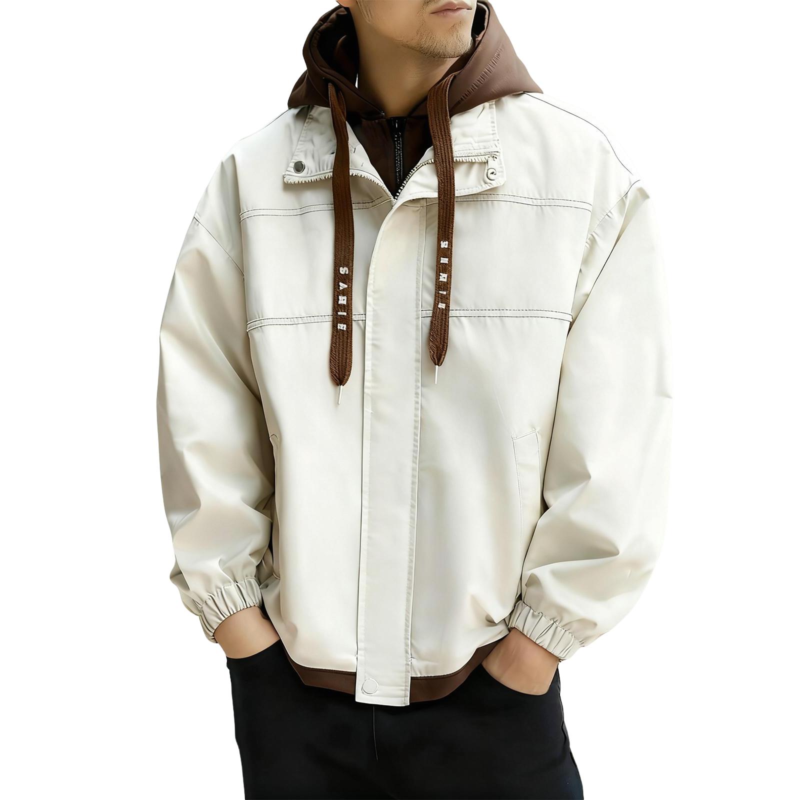 

Mens Fake Two Pieces Windbreaker Spring And Fall Color Block Coat Lightweight Jacket With Hood L белый