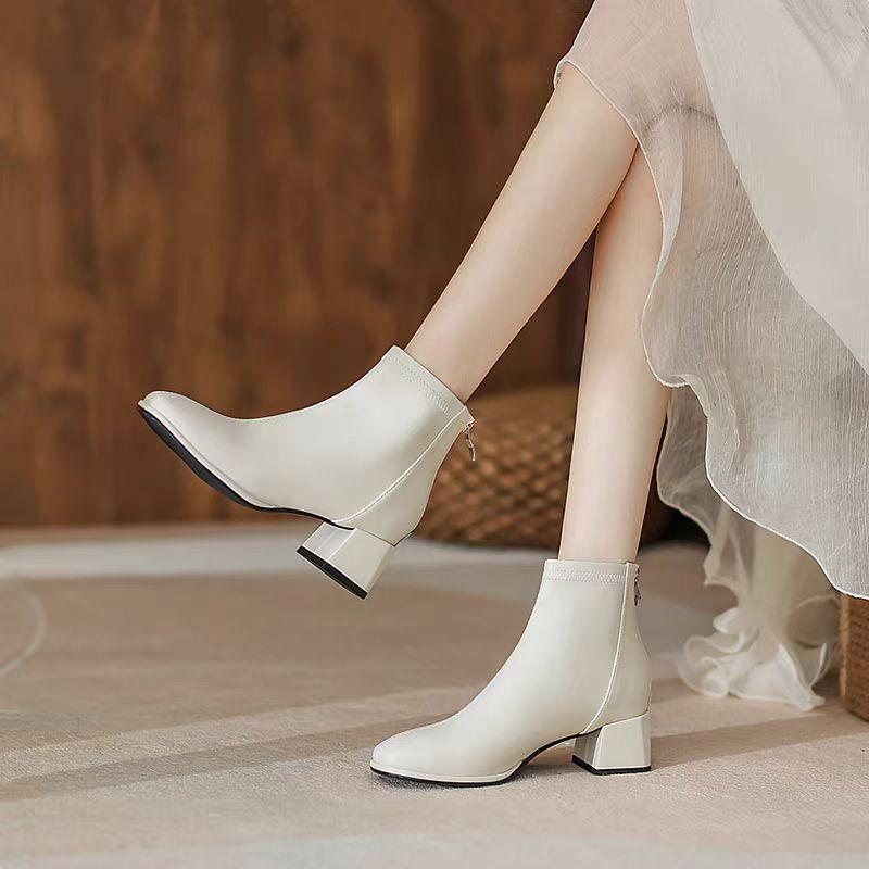 Elegant with Medium Heels Fleece-Lined Leather Booties Autumn Winter Square Toe Women's Ankle Boots New In Female Short Shoes