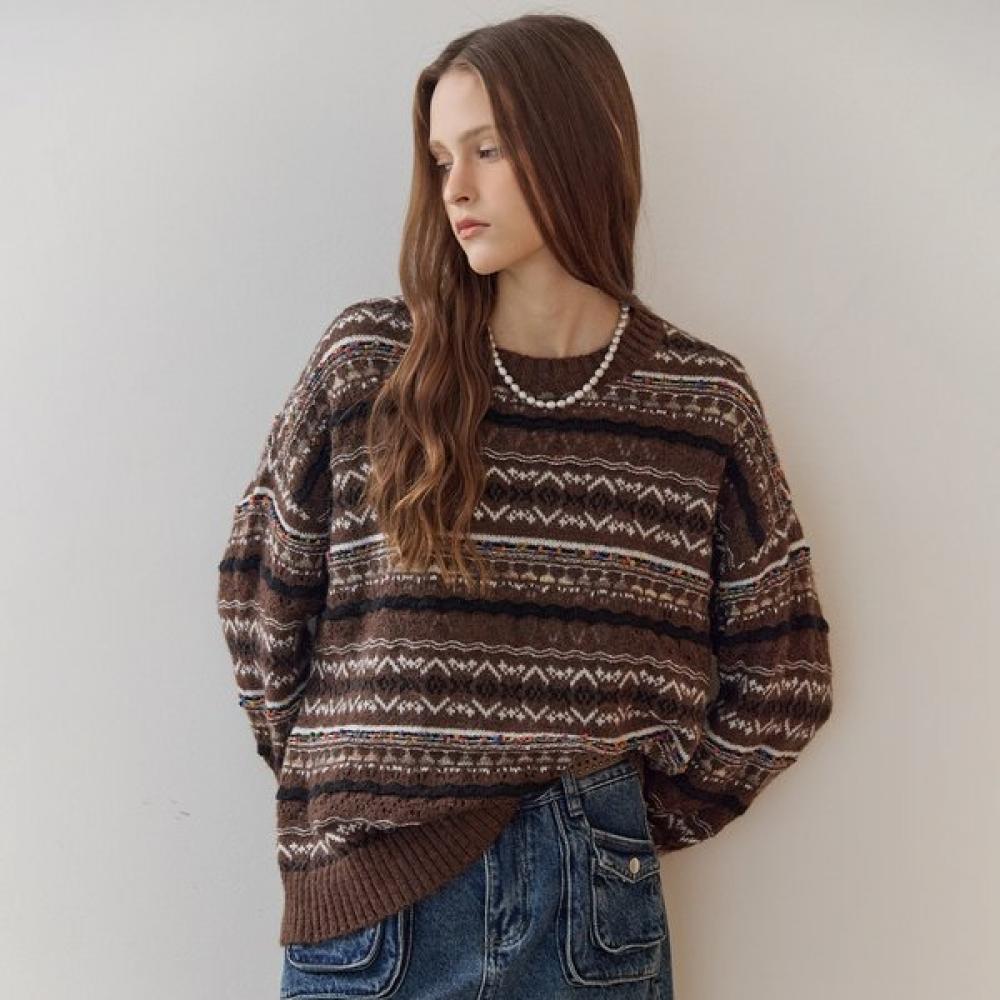 Maxza Color Mix Fair Isle Pattern Round Neck Knit Ze12qk008na Khaki/FREE