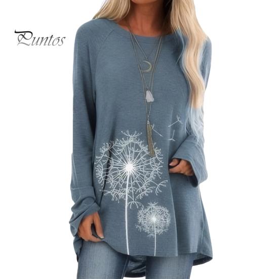 Damen-Tunika-Oberteil in Übergröße mit Löwenzahn-Print, Longline-Shirt, Rundhalsausschnitt, Langarm, Pullover, T-Shirt, lässige Bluse mit lockerer Passform für die Arbeit, den Alltag