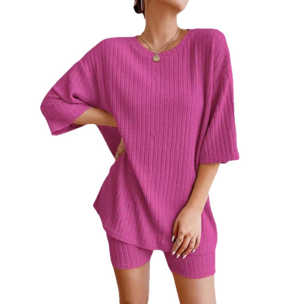 Women's Spring Solid Color Casual Outfit, Crew Neck Loose Top & Shorts Two-Piece Set