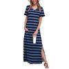 Women's Striped Side Slit Midi Dress V Neck Short Sleeve Casual Holiday Loose Dress