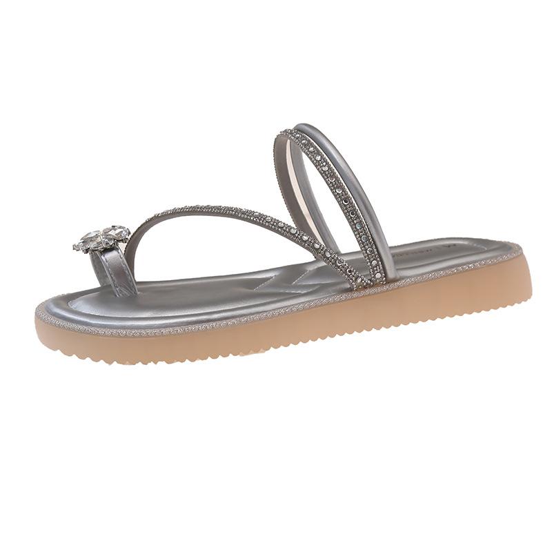 French Flat-bottomed Set of Toe Cool Slippers for Women's Summer Wear 2025 New Soft-soled Skirt Rhinestone Seaside Sandals
