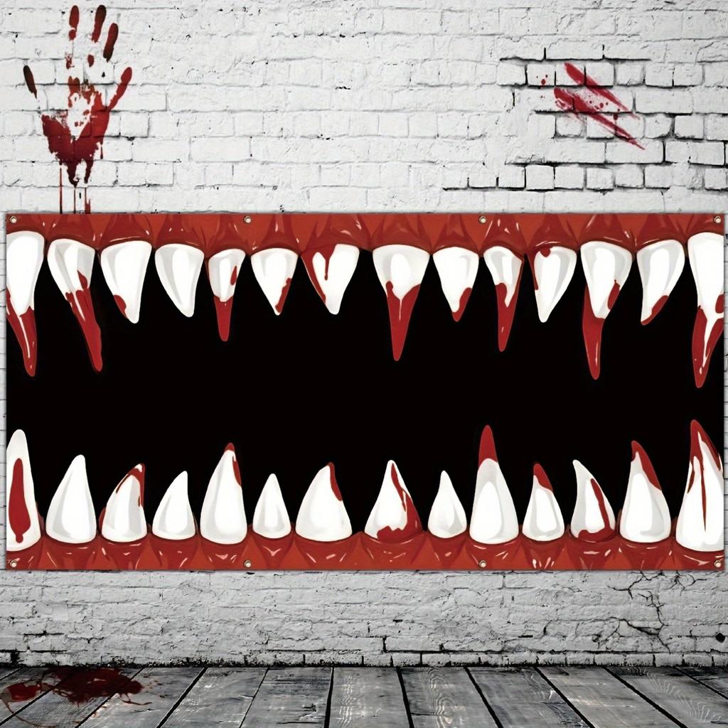 1 piece Halloween garage banner sharp teeth and blood mouth design 28 teeth outdoor garage festival decoration
