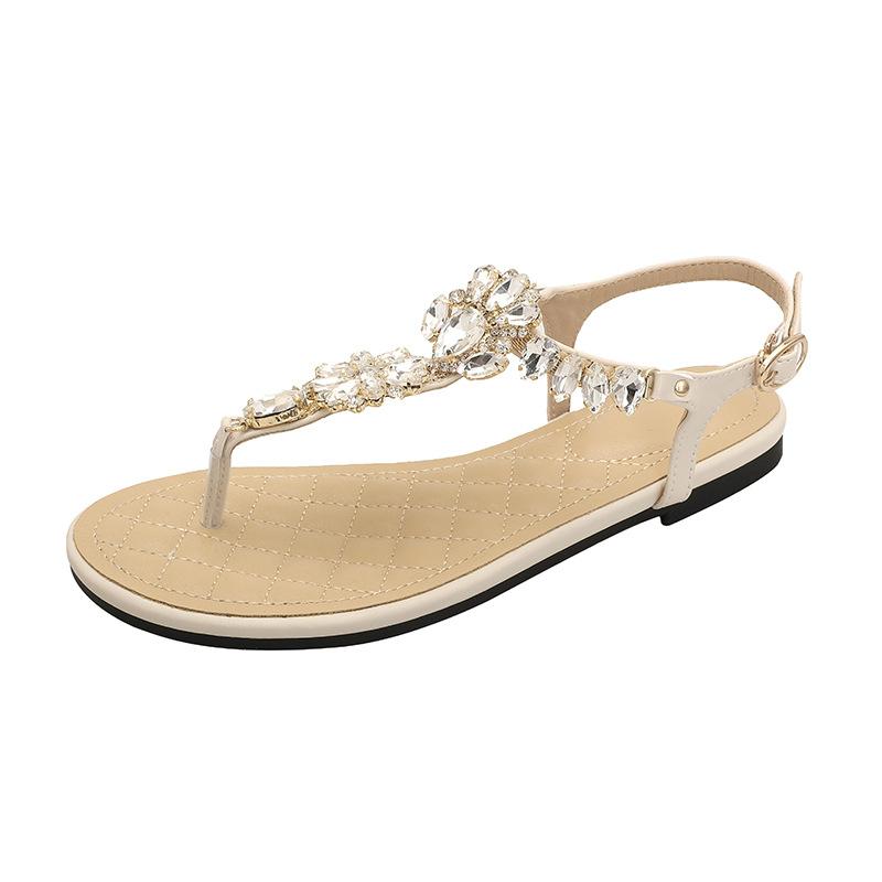 Rhinestone flat toe sandals women s new bohemian ethnic style travel vacation beach Roman women s shoes 35