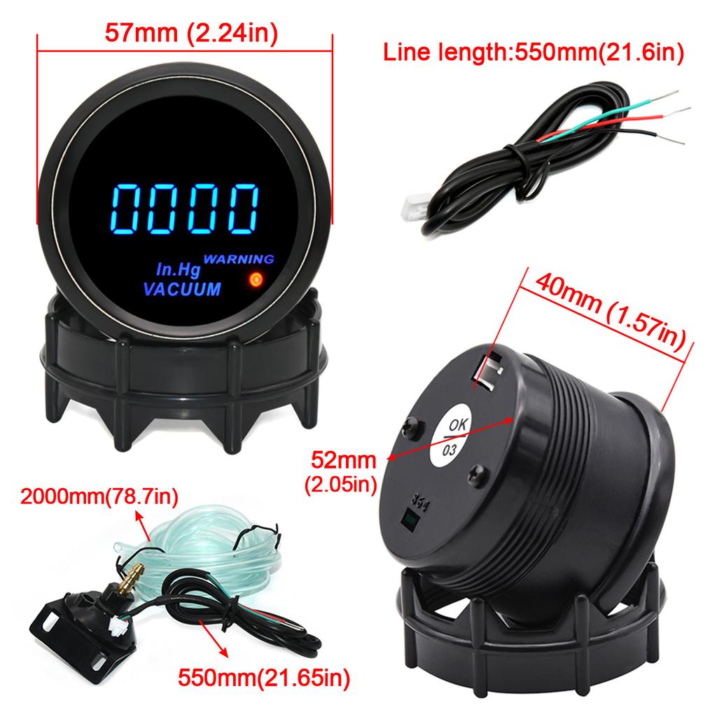 2" 52mm Blue LED Digital Car Gauge Universal For Gasoline Motor Vacuum Gauge Auto Car Vacuum Meter With Warning Light 12V