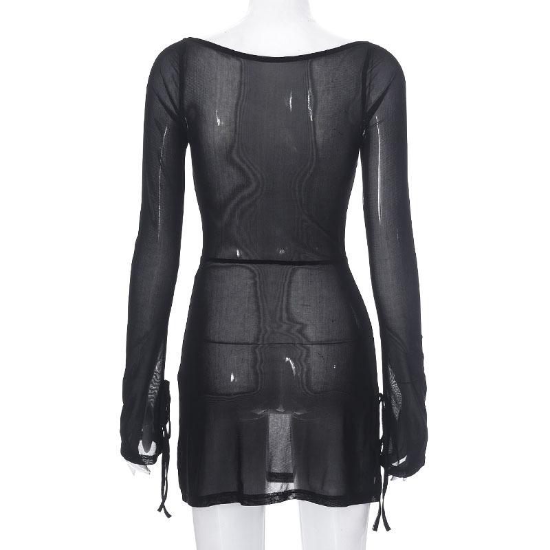 Square Collar Solid Mini Dress For Women Y2k Clothes Gauze Sexi Night Dress Hot Club Outfits Sheer Vestidos De Mujer Long Sleeve