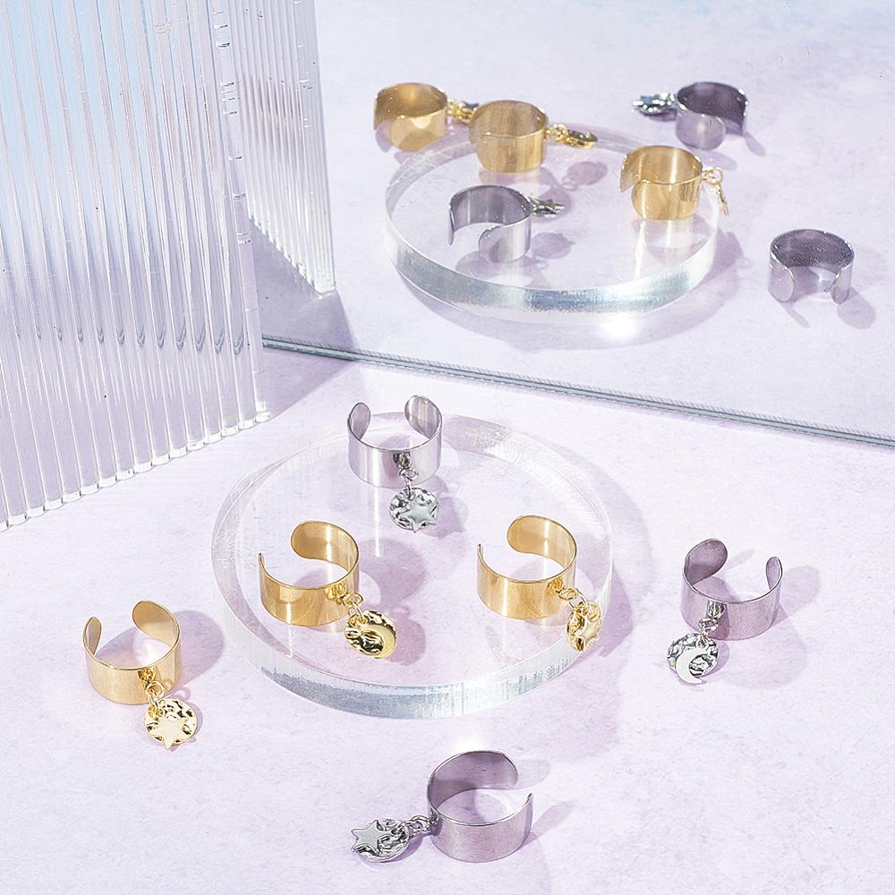 8Pcs 4 Style 304 Stainless Steel Open Cuff Rings Set with Charms Moon & Star & Flat Round Golden & Stainless Steel Color Inner Diameter: 17~18mm