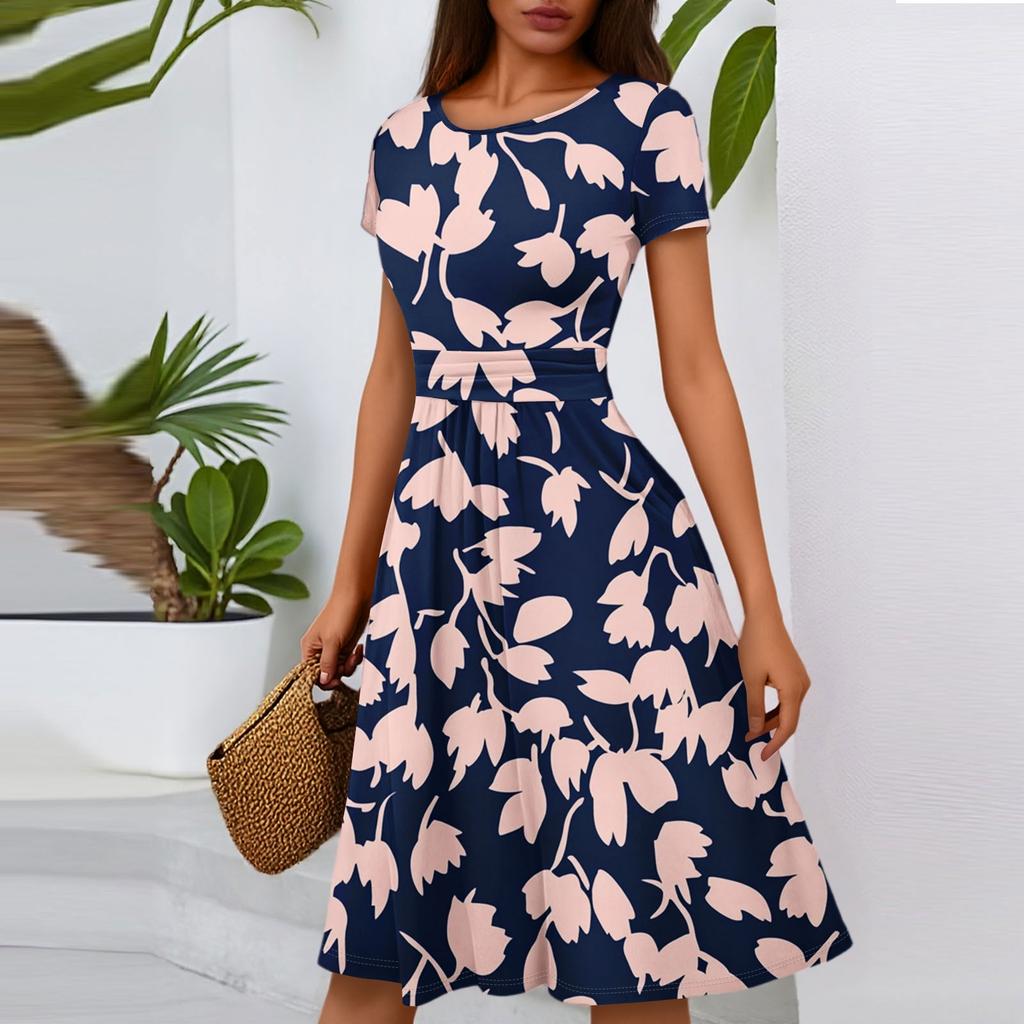 Women's Casual Fashion Round Neck Pleated Short Sleeve Floral Print A-Line Midi Dress