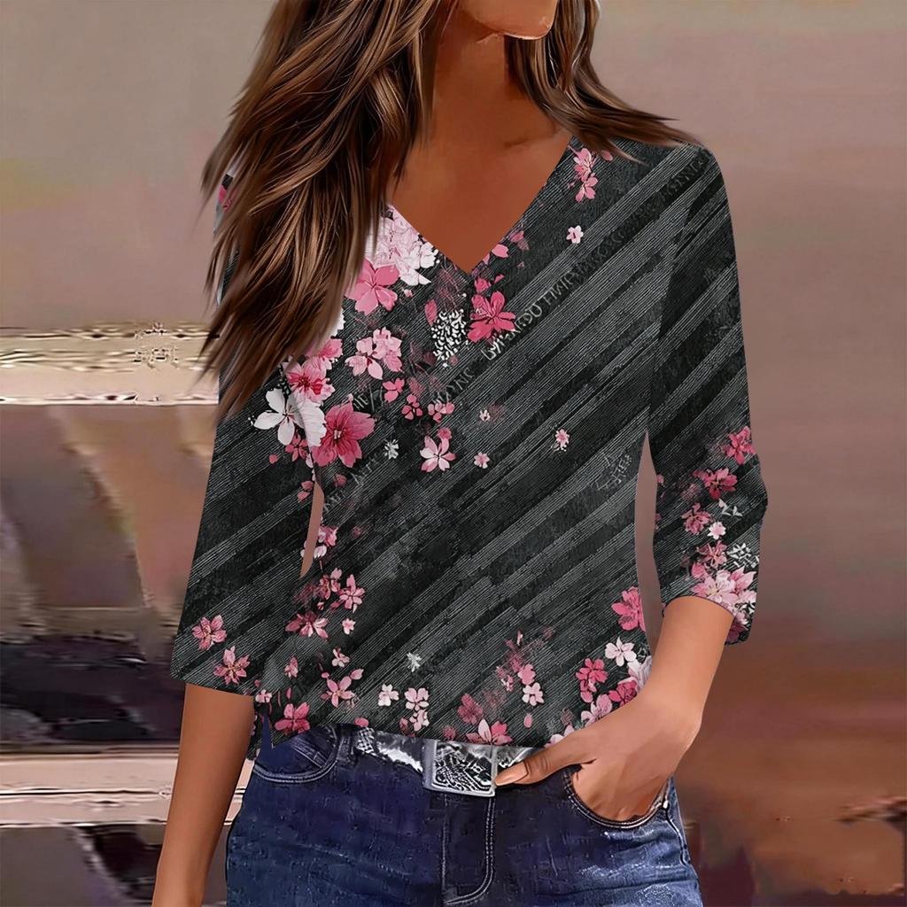 Damen Casual V-Ausschnitt Bluse mit Farbverlauf Blumenprint, geteiltem Saum und 3/4-Ärmeln