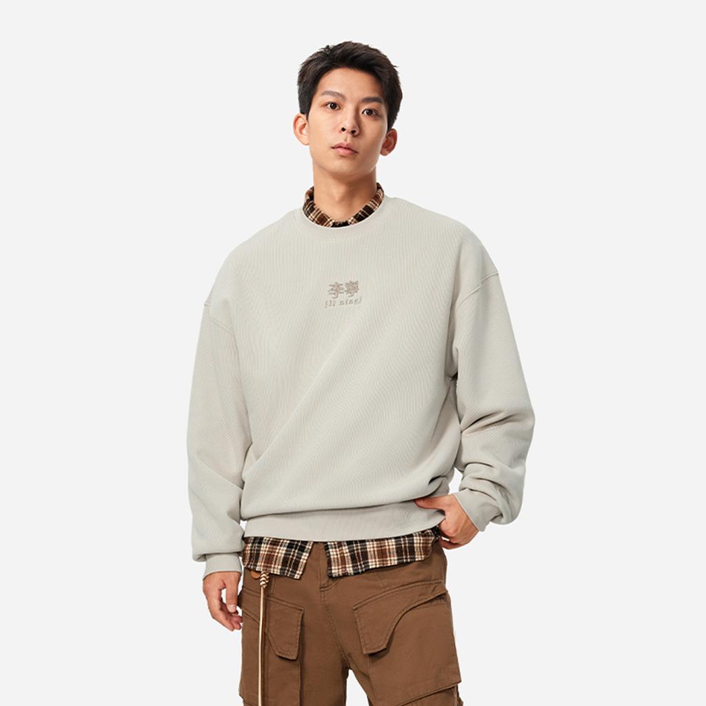 Li Ning Sports Lifestyle Series Letter Print Pullover Warm Casual Long Sleeve Crew Neck Fleece Sweatshirt Unisex sweatshirt Gray AWDU925-15