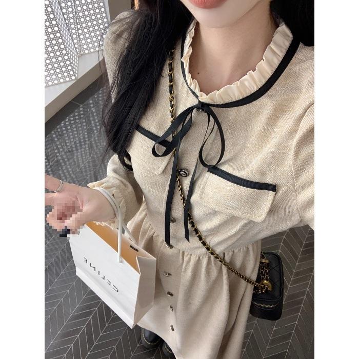 

МОДА Платье в стиле маленького черного платья Женское Зима 2025 Новое Темперамент знаменитости Талия Приталенное Средней длины На шнуровке Длинный рукав Юбка Одежда 2XL абрикосовый