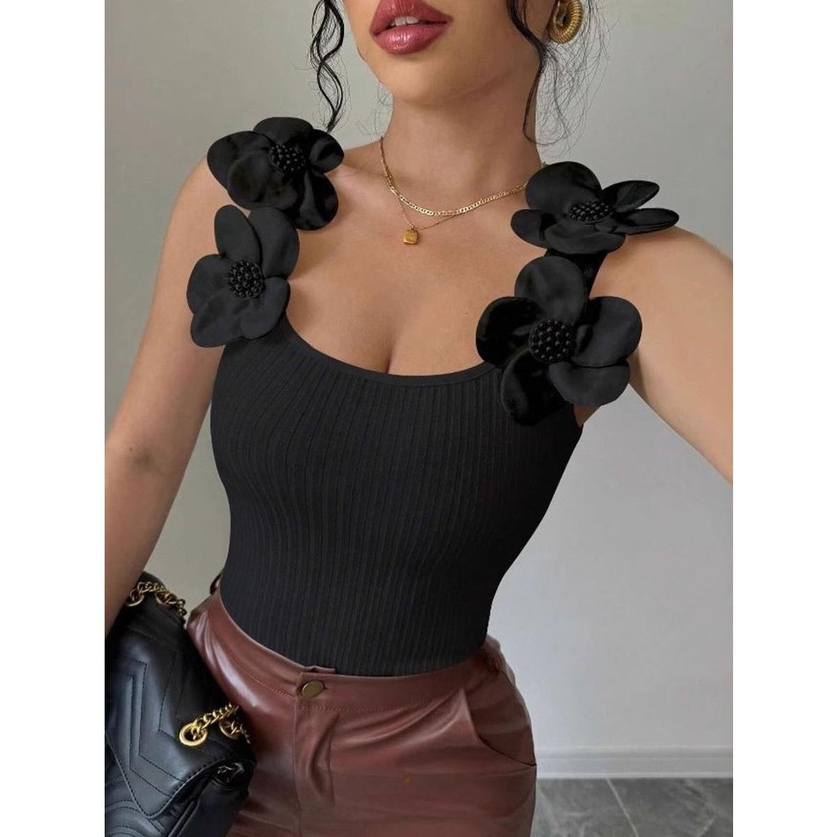 

New Elegant 3D Flower Knit Tank Top for Spring Summer European American Crossbody Women s Top XXL чорний