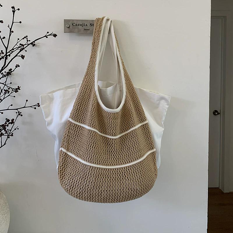 Spring Summer Woven Tote Bag Dopamine Color Shoulder & Underarm Bag Trendy Casual Beach Hollow Out Handbags